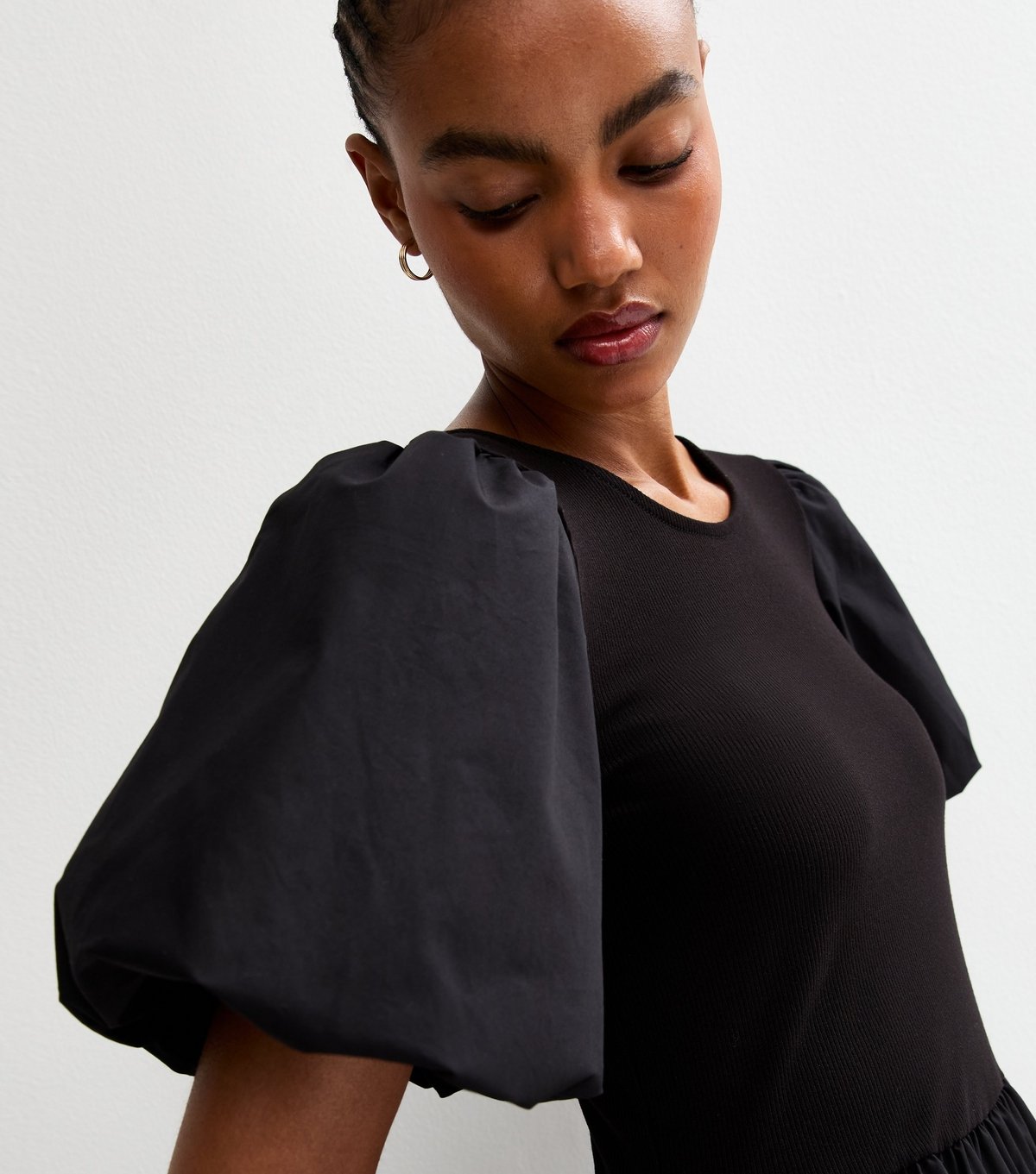 New Look Women's Tall Black Puff Sleeve 2 in 1 Poplin Skirt Midi Dress New Look - 3