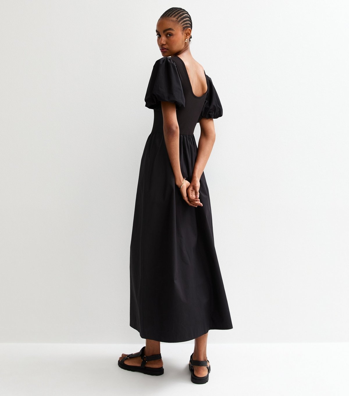 New Look Women's Tall Black Puff Sleeve 2 in 1 Poplin Skirt Midi Dress New Look - 4