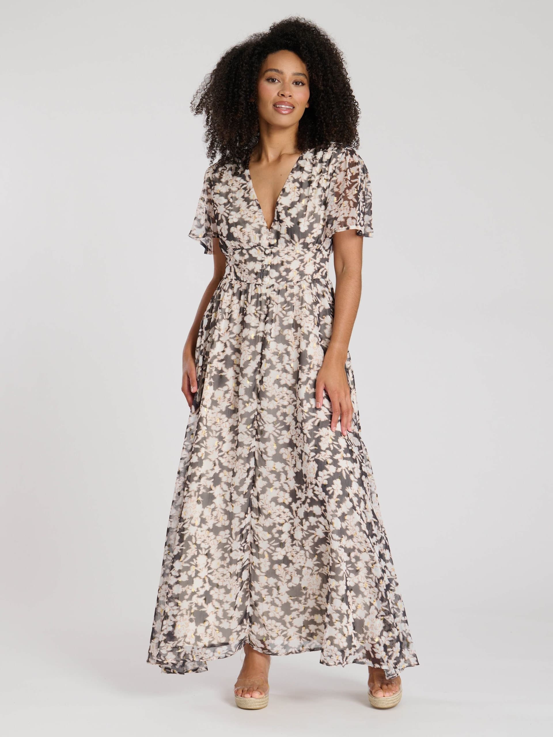 South Beach South Beach Women's Printed Metallic Chiffon Button Detail Midi Dress