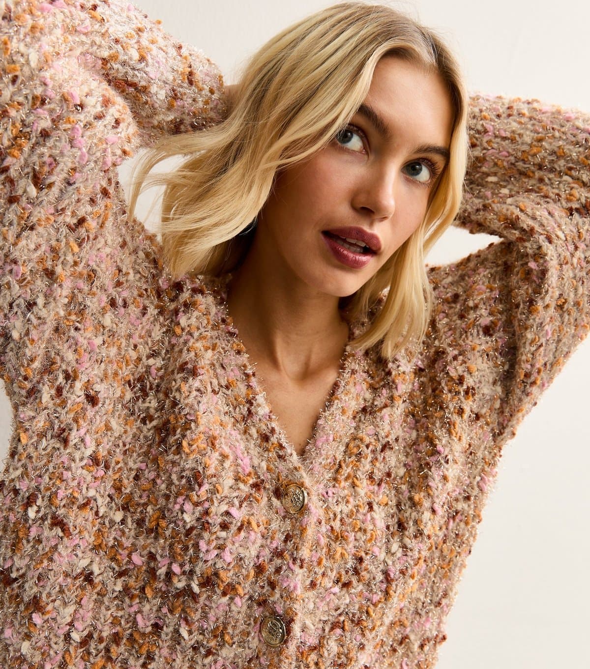 New Look Women's Light Pink Shimmer Thread Ribbed Knit Cardigan New Look