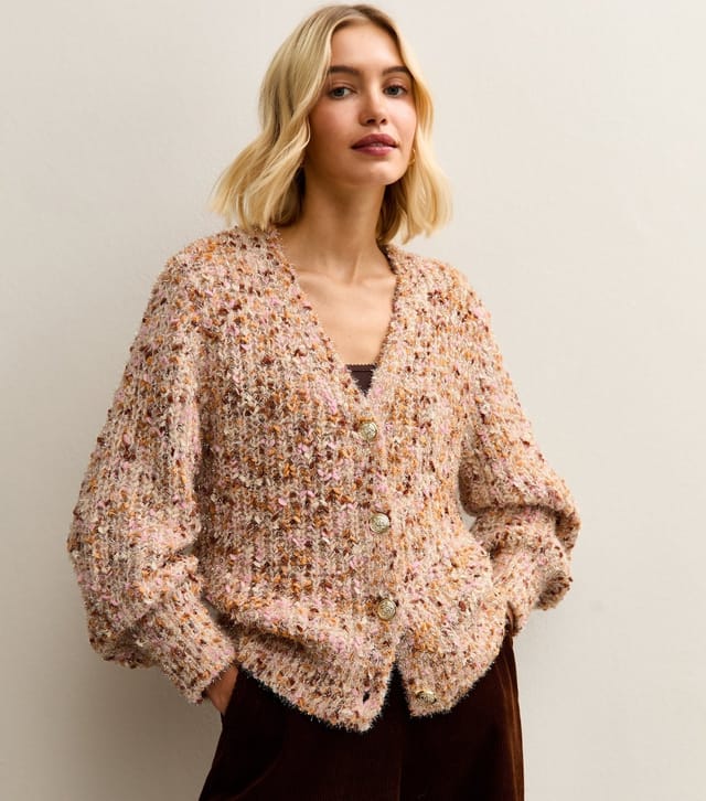 New Look Women's Light Pink Shimmer Thread Ribbed Knit Cardigan New Look - 2