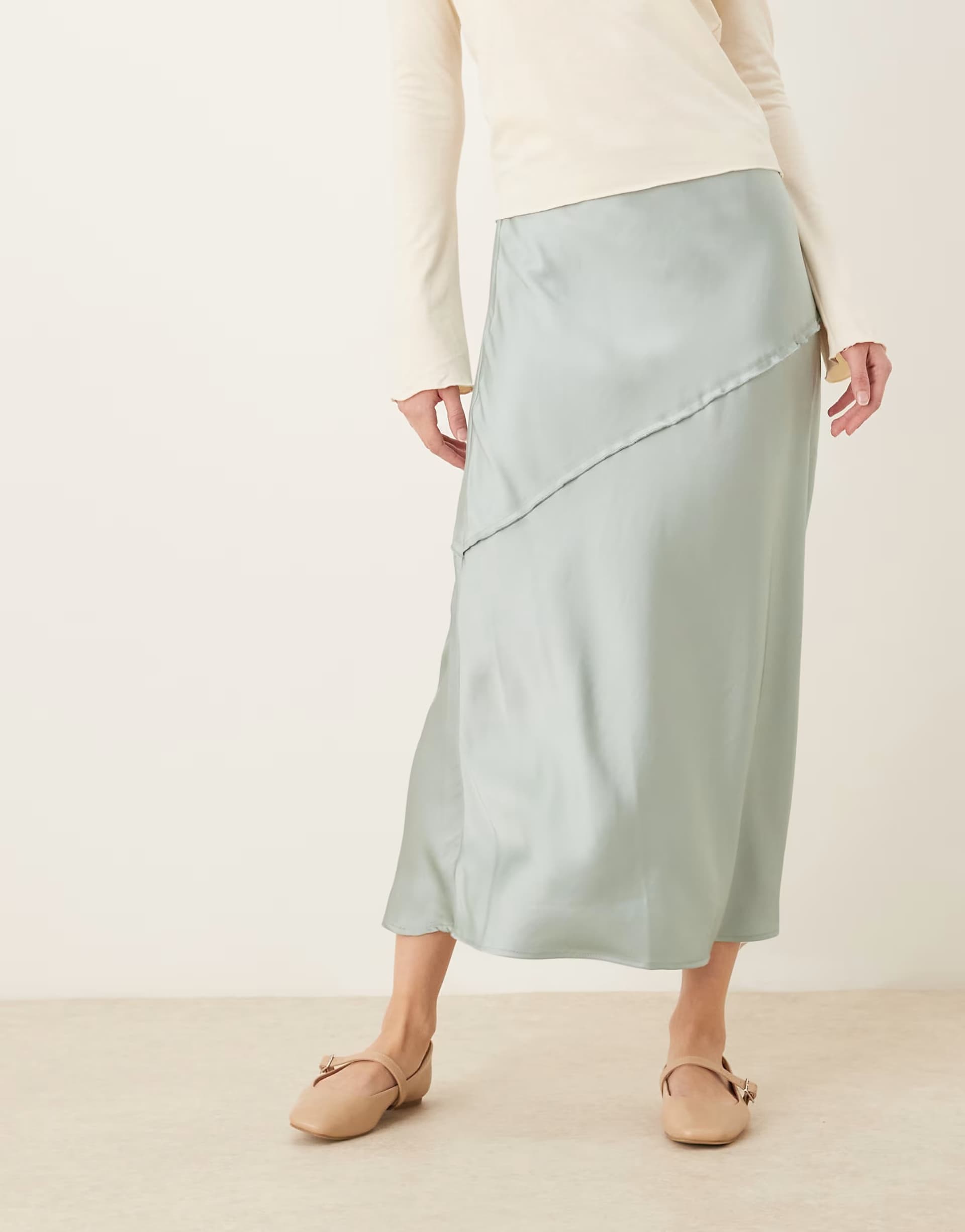 ASOS AWARE satin maxi skirt with drop waist in pale blue