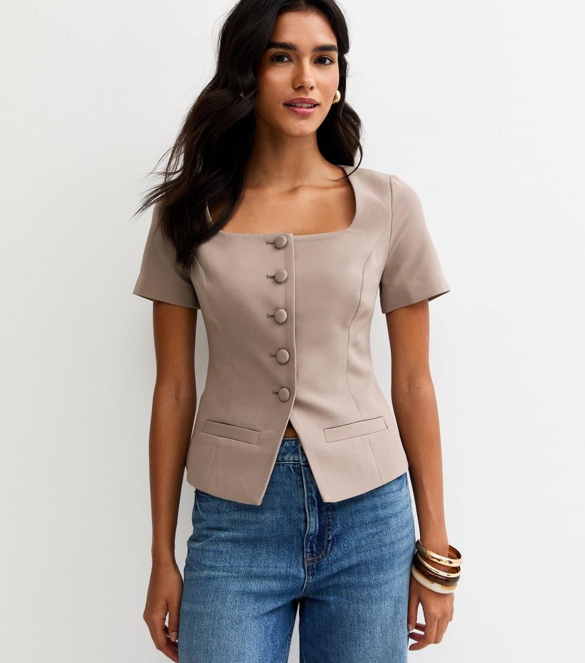 New Look Women's Mink Square Neck Short Sleeve Blazer New Look