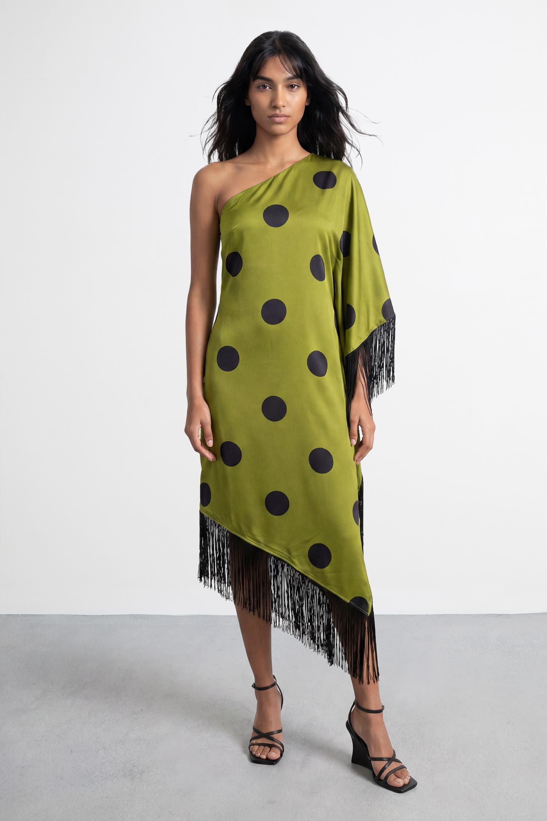 Warehouse Warehouse Women's Premium Fringe Trim One Shoulder Midi Dress in Olive