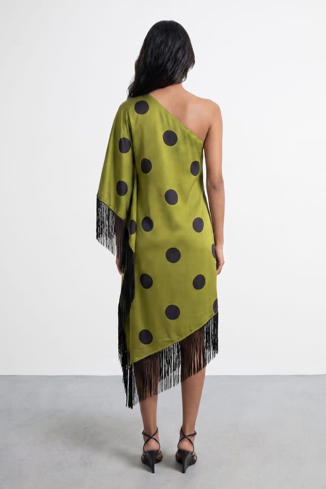 Warehouse Warehouse Women's Premium Fringe Trim One Shoulder Midi Dress in Olive - 2