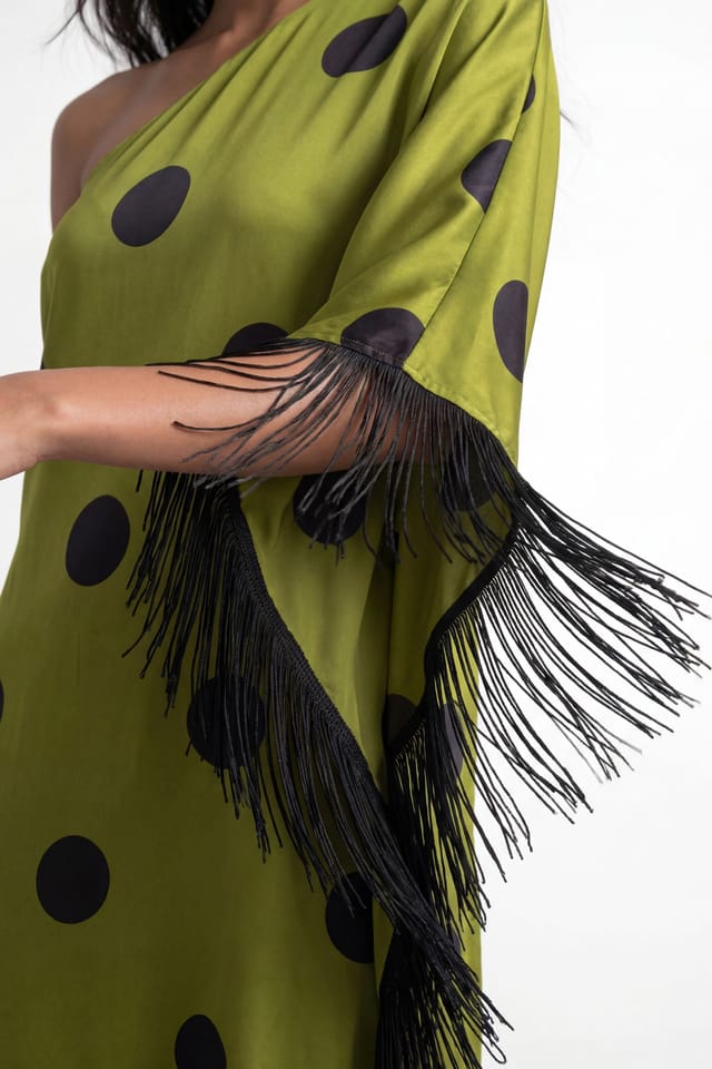 Warehouse Warehouse Women's Premium Fringe Trim One Shoulder Midi Dress in Olive - 3