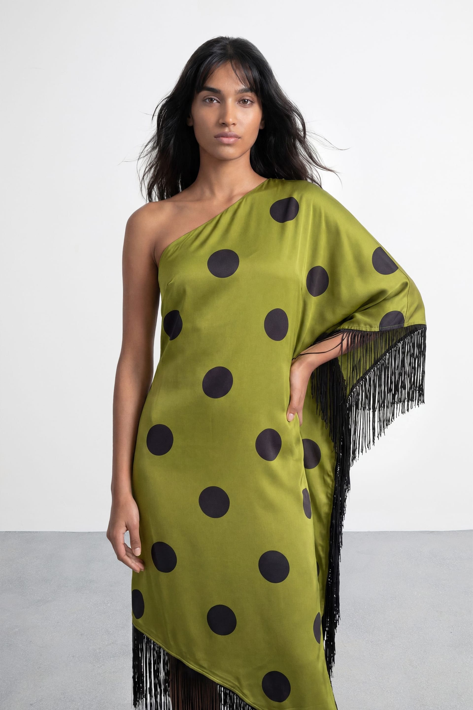 Warehouse Warehouse Women's Premium Fringe Trim One Shoulder Midi Dress in Olive - 4
