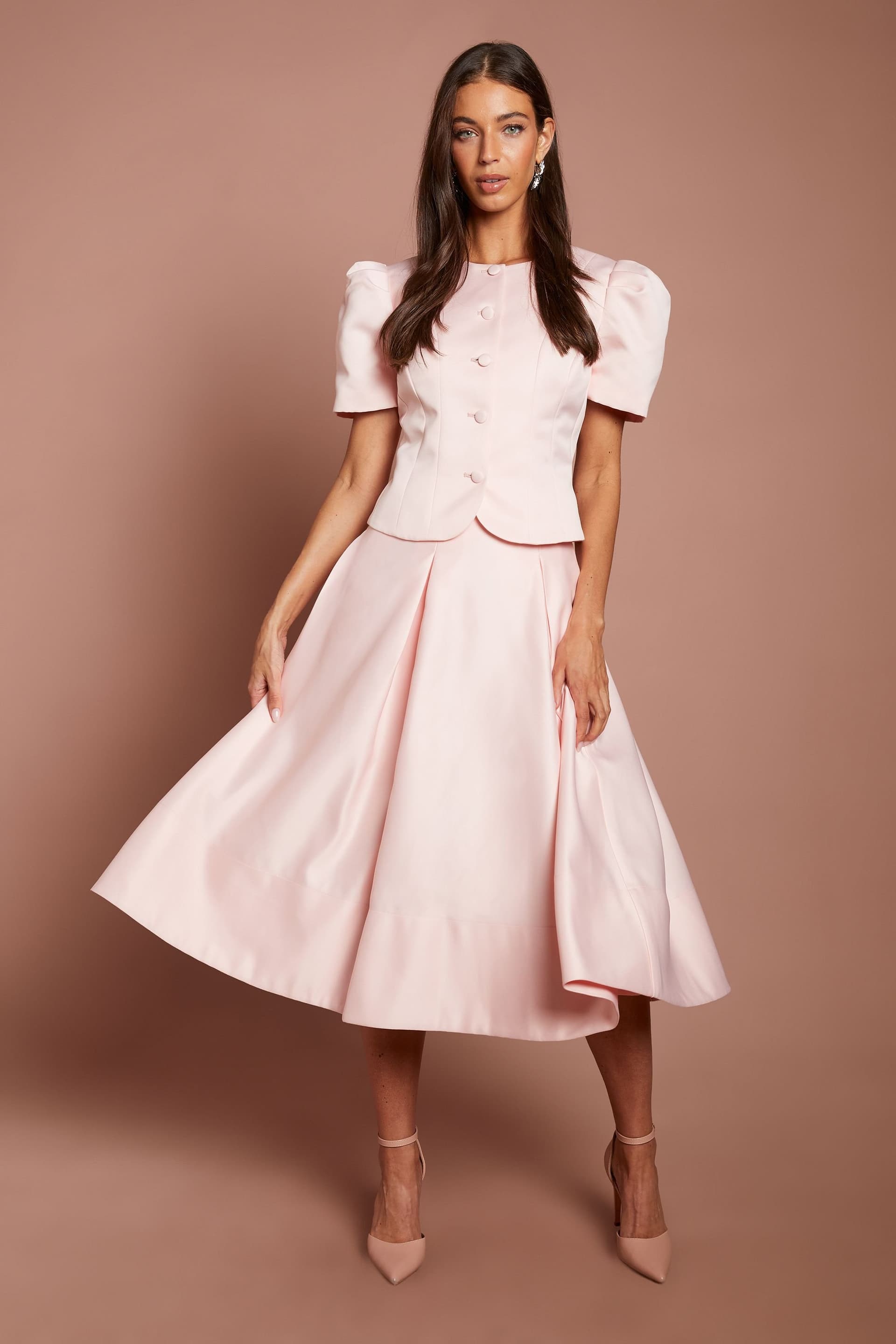 Coast Coast Women's Satin Pleat Front Midi Full Skirt in Blush