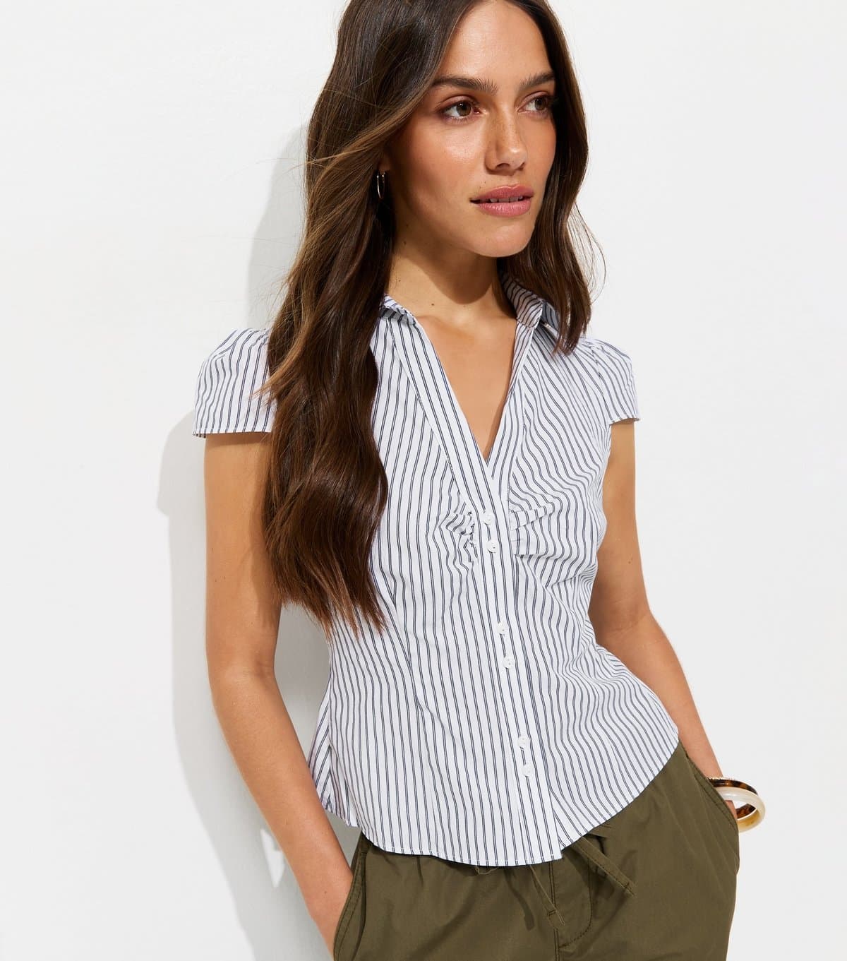 New Look Women's Petite White Cotton Striped Fitted Double Button Shirt New Look