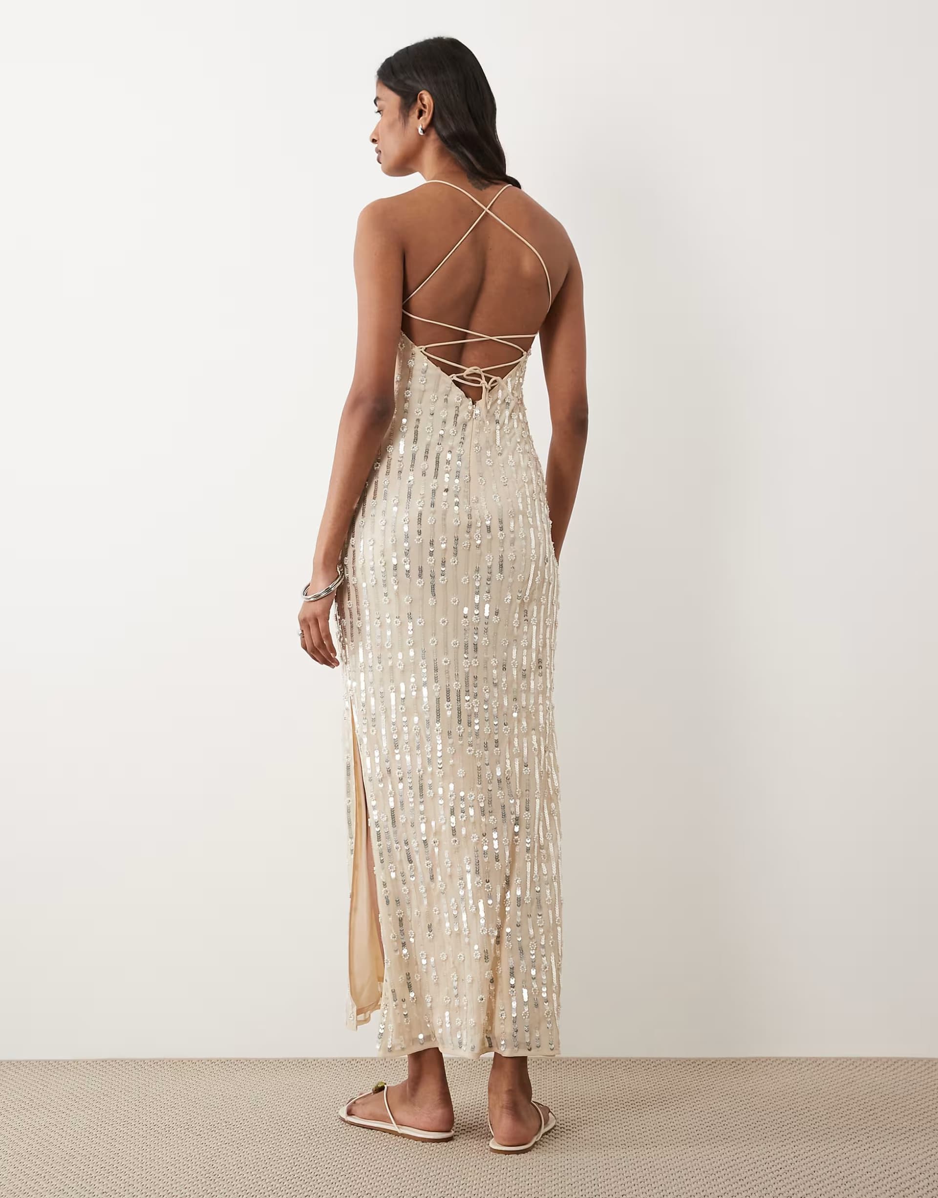 ASOS Miss Selfridge pearl and sequin embellished midi dress in ivory