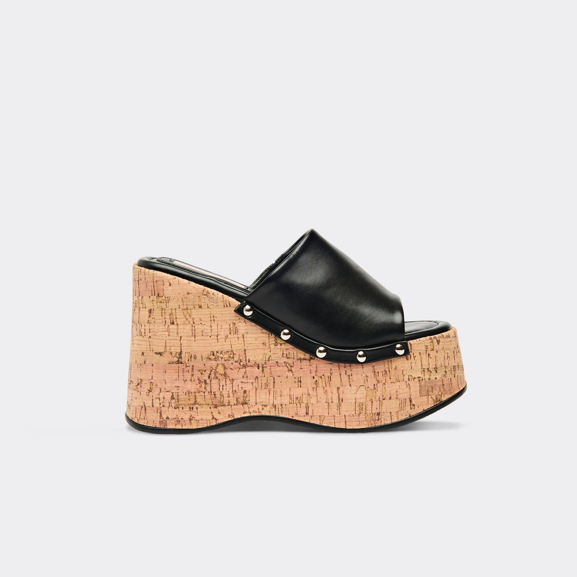 EGO Rosie Stud Detail Cork Platform Wedge Heeled Mule In Black Faux Leather, Women's Size UK 4
