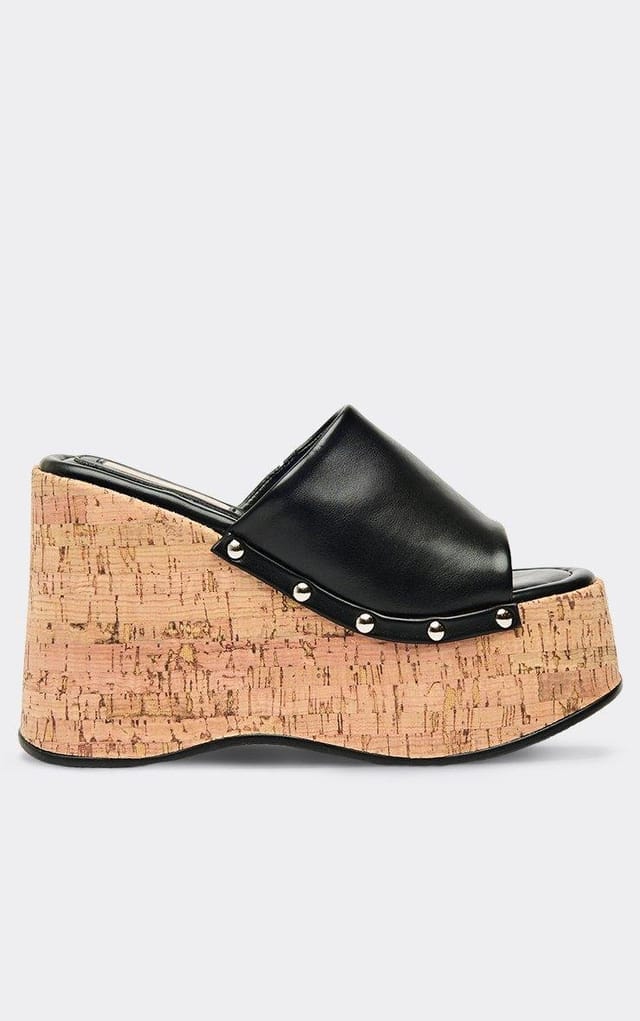 EGO Rosie Stud Detail Cork Platform Wedge Heeled Mule In Black Faux Leather, Women's Size UK 4 - 2