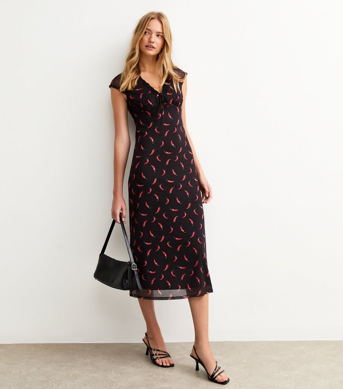 New Look Women's Black Chilli Print Cap Sleeve Mesh Midi Dress New Look