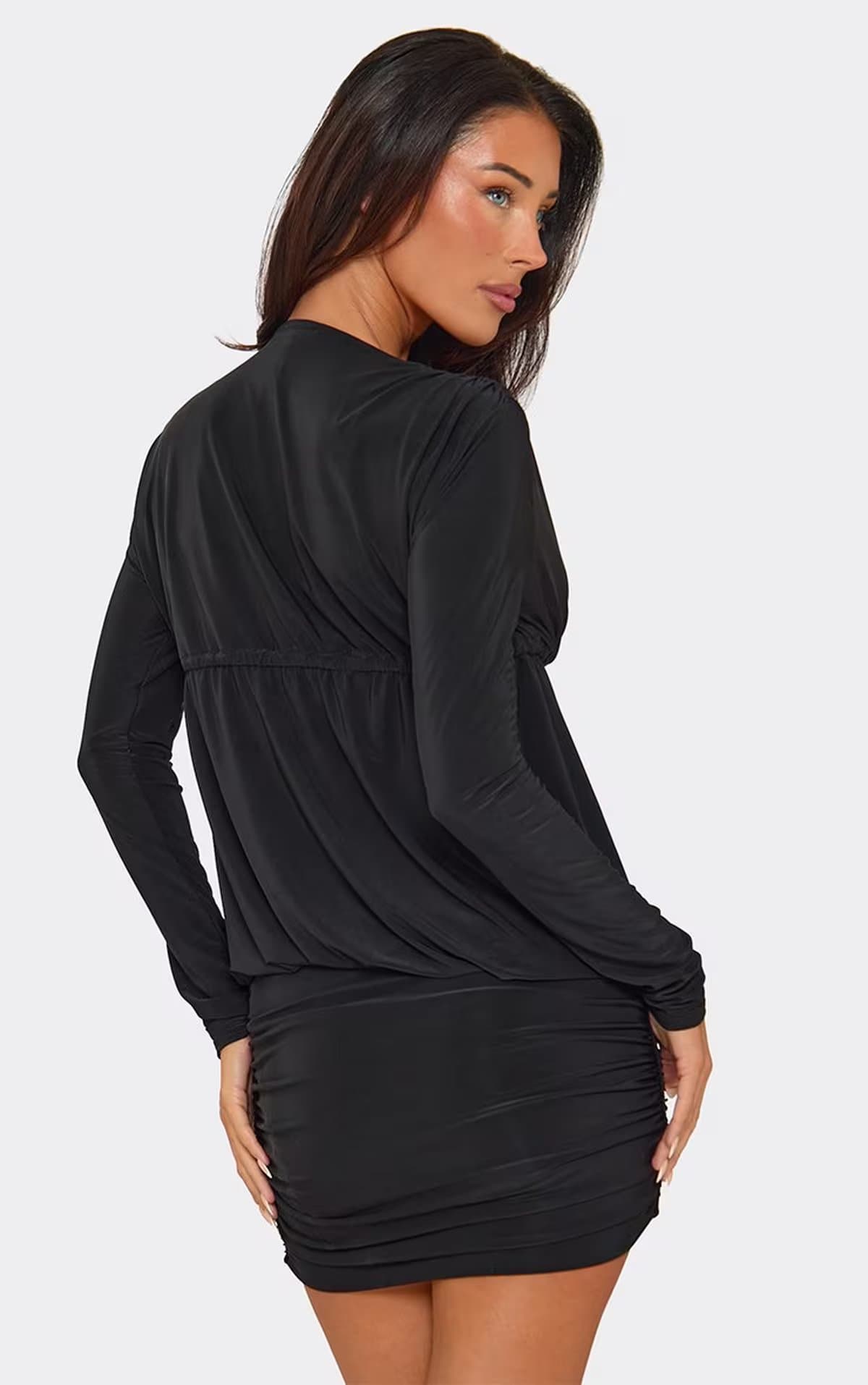 EGO Long Sleeve Plunge Tie Front Ruched Mini Dress In Black Slinky, Women's Size UK 6