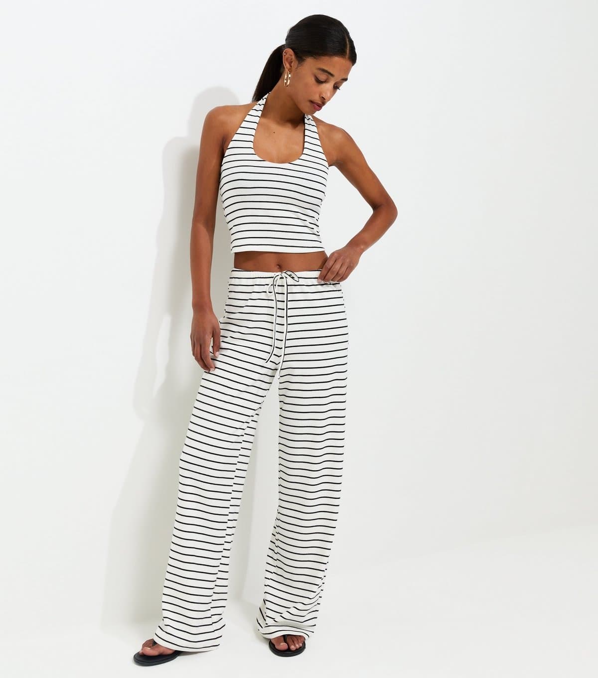 New Look Women's White Cotton Rich Horizontal Stripe Wide Leg Jersey Trousers New Look