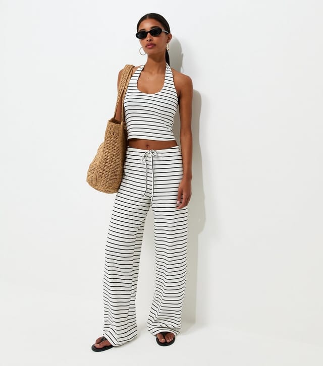 New Look Women's White Cotton Rich Horizontal Stripe Wide Leg Jersey Trousers New Look - 3