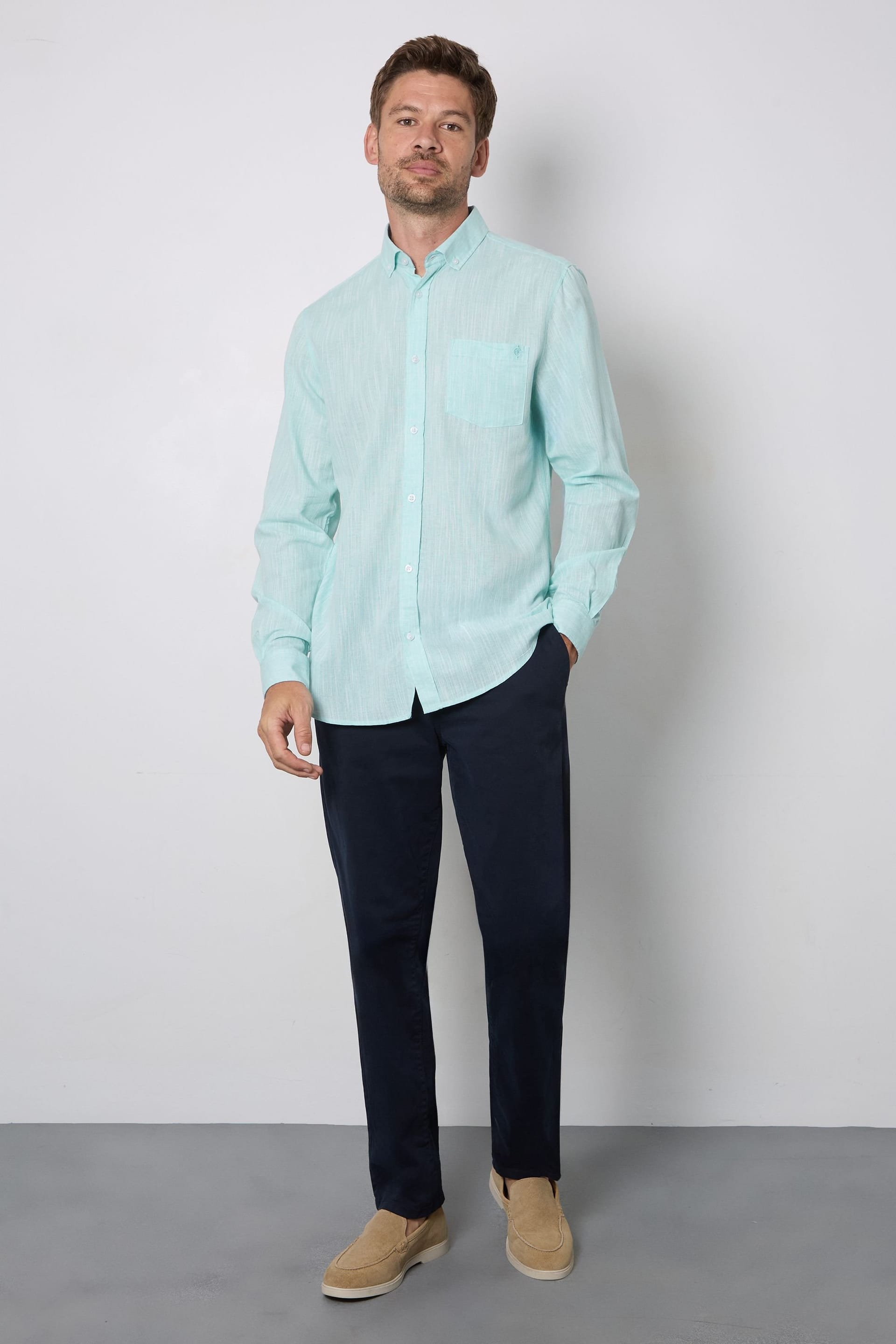 Maine Maine Men's Aqua Soft Stripes Long Sleeve Shirt Button Down Shirt - 4