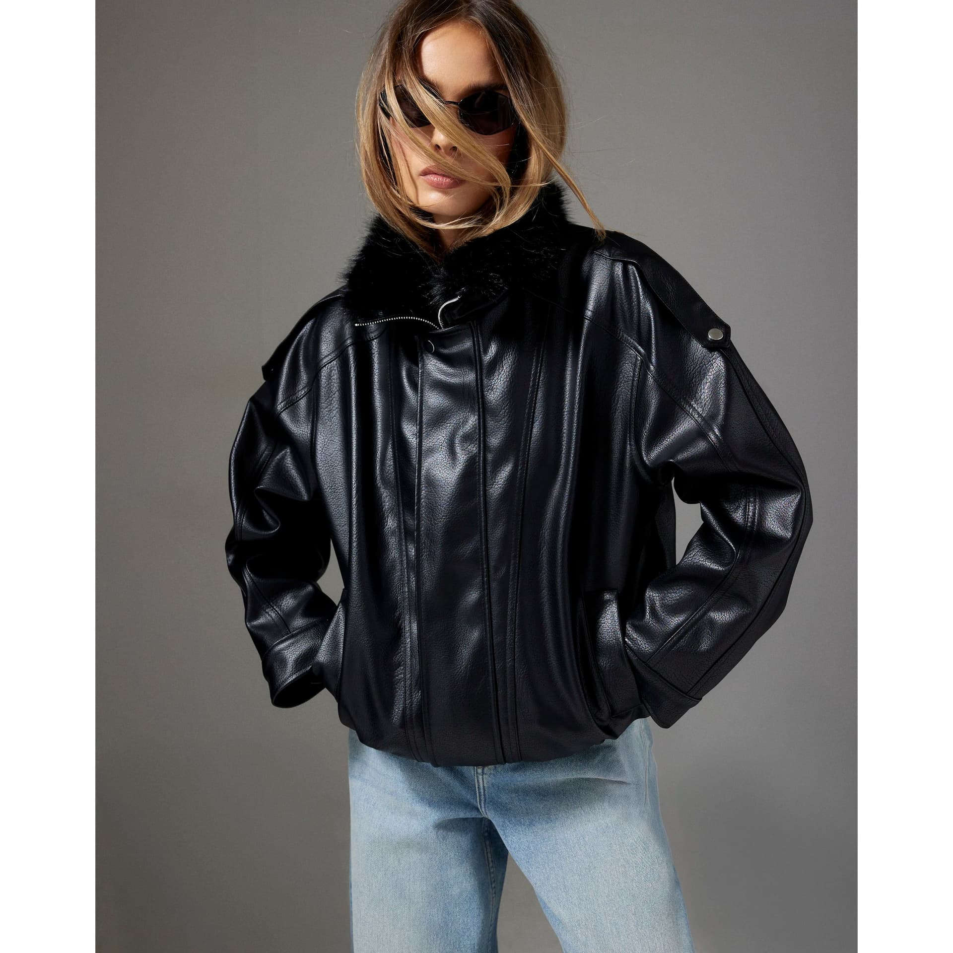 River Island River Island Womens Black Faux Fur Faux Leather Bomber Jacket