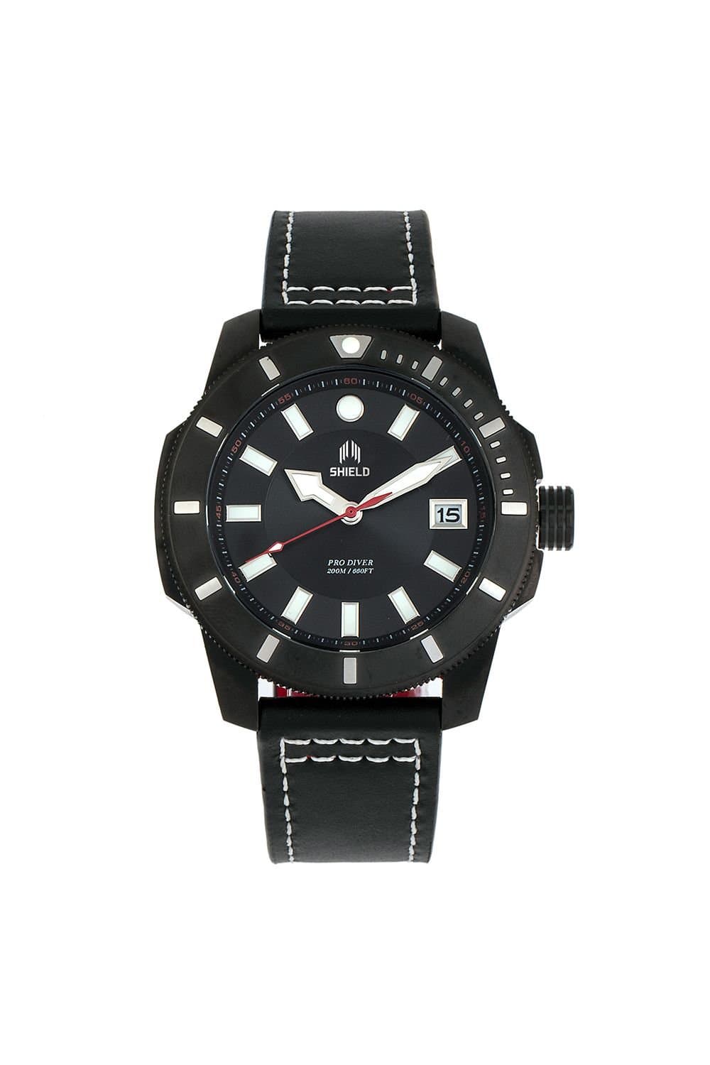 Shield Shield Black Leather-Band Diver Watch with Date