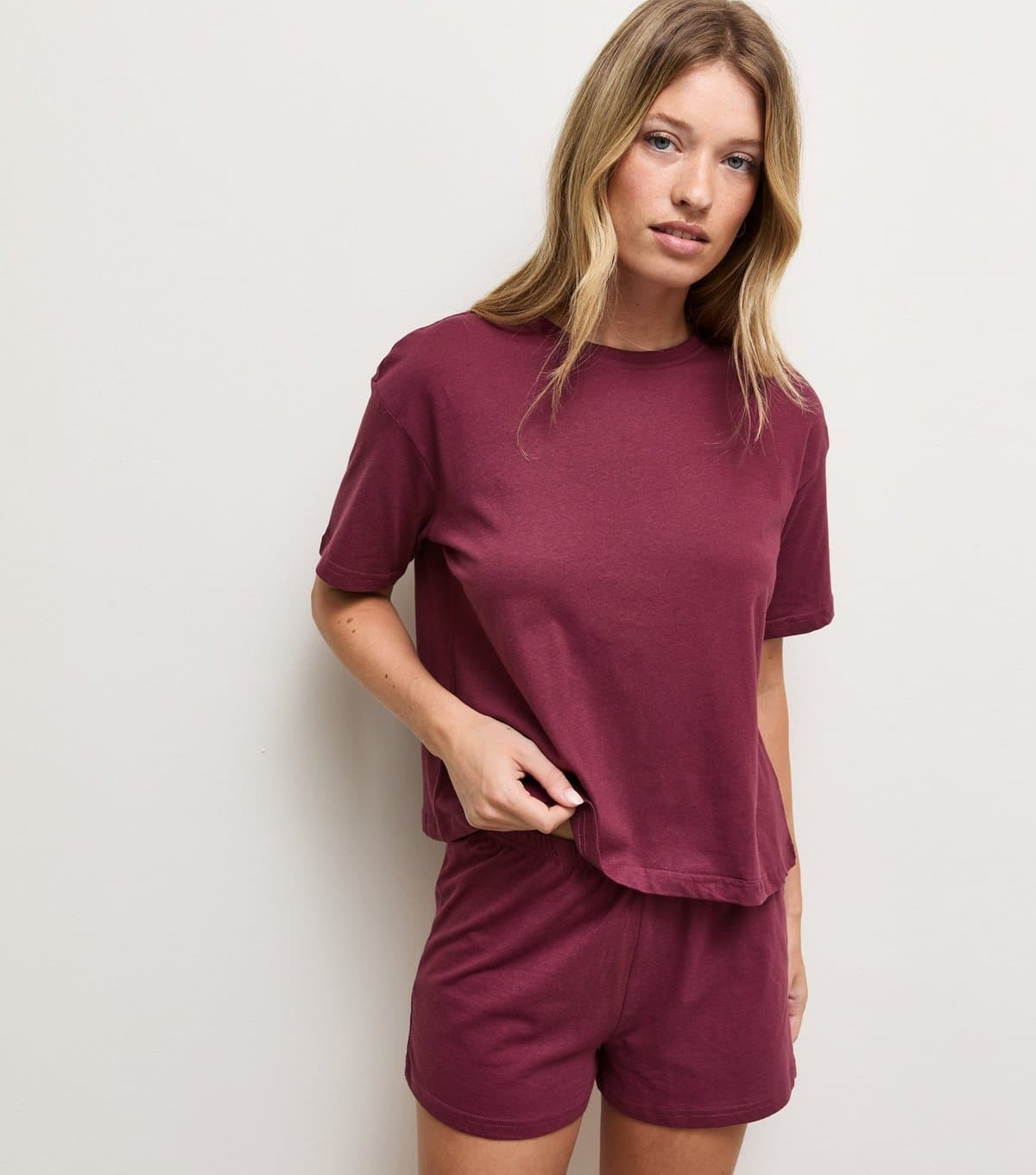 New Look Women's Dark Burgundy Cotton T-Shirt and Shorts Set New Look