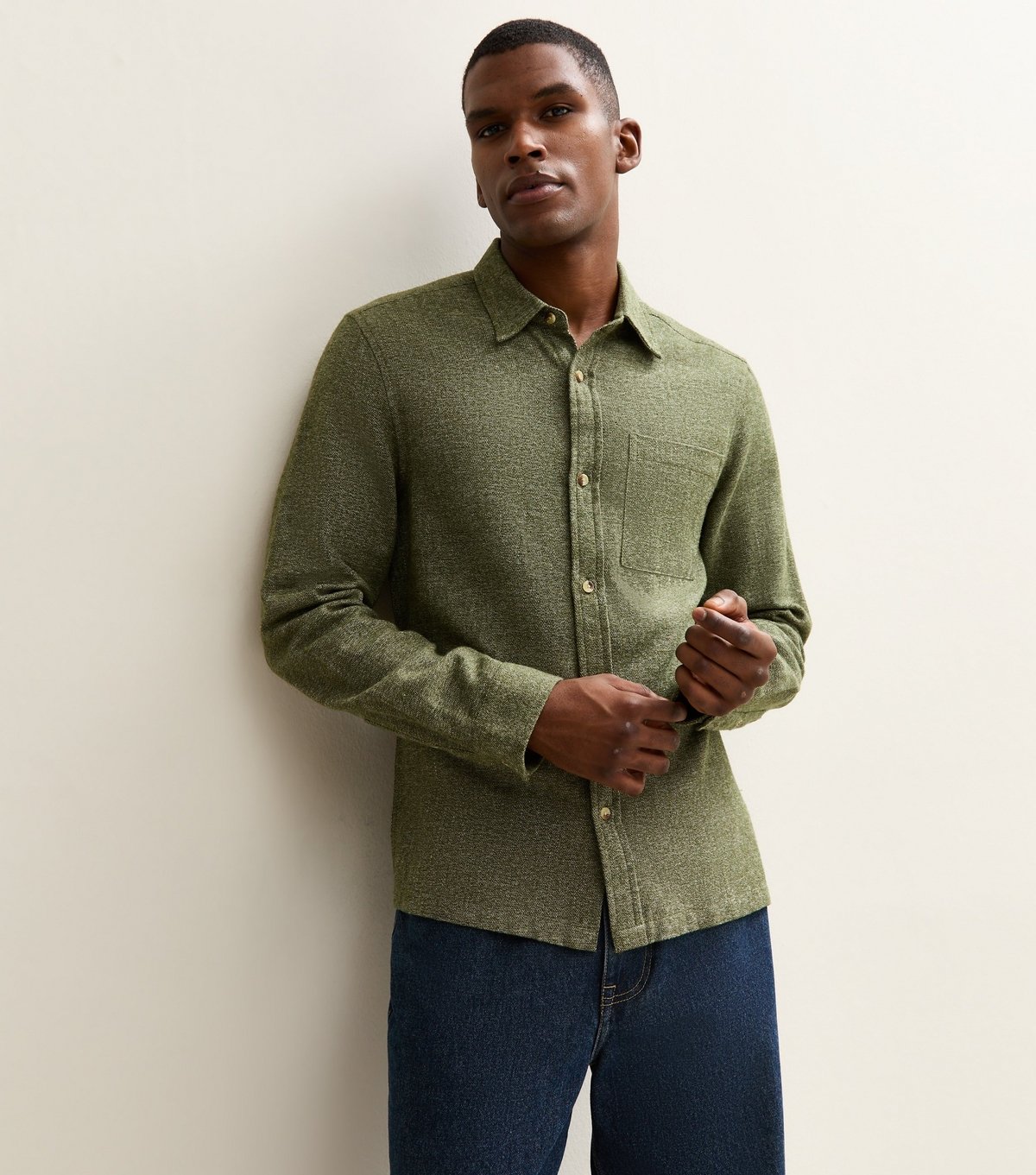 New Look Men's Green Regular Fit Long Sleeve Marl Shirt New Look - 3