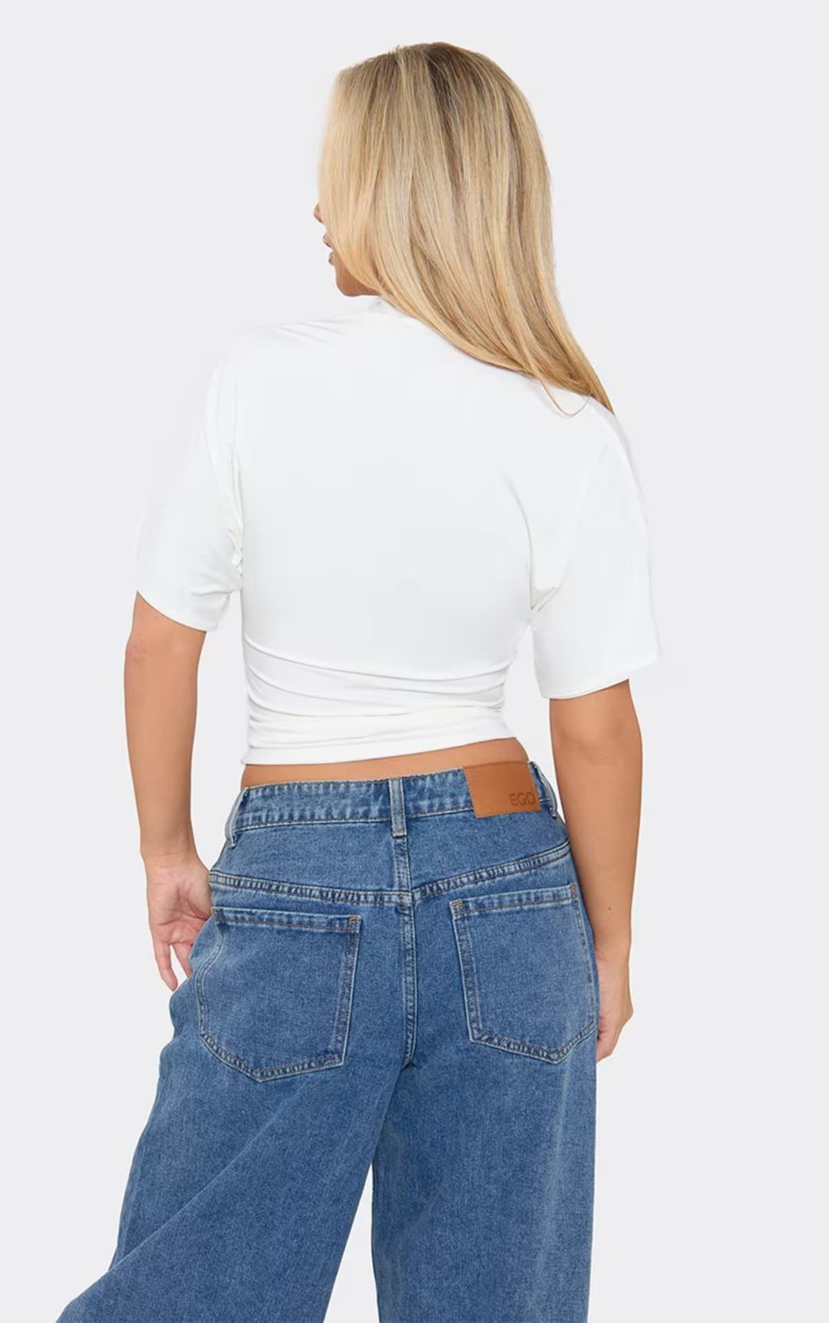 EGO Short Sleeve Plunge Front Cinched Waist Top In White, Women's Size UK 6