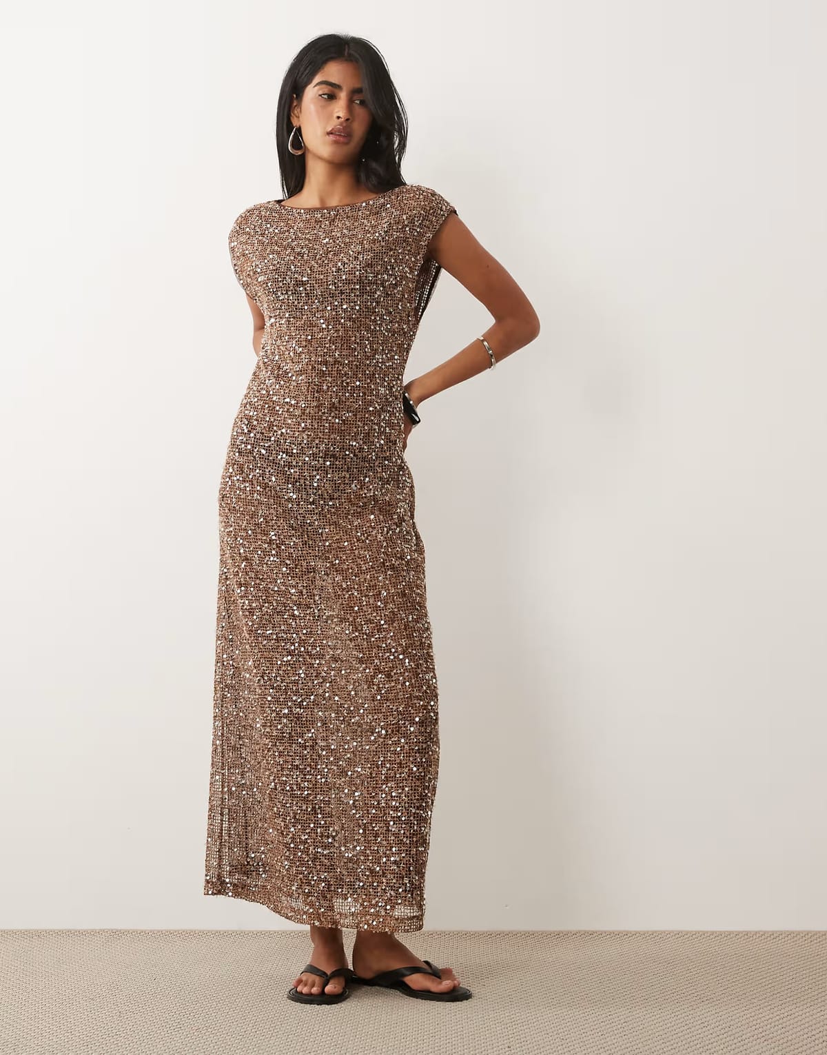 ASOS ASOS DESIGN sheer crochet sequin maxi dress in brown - 1