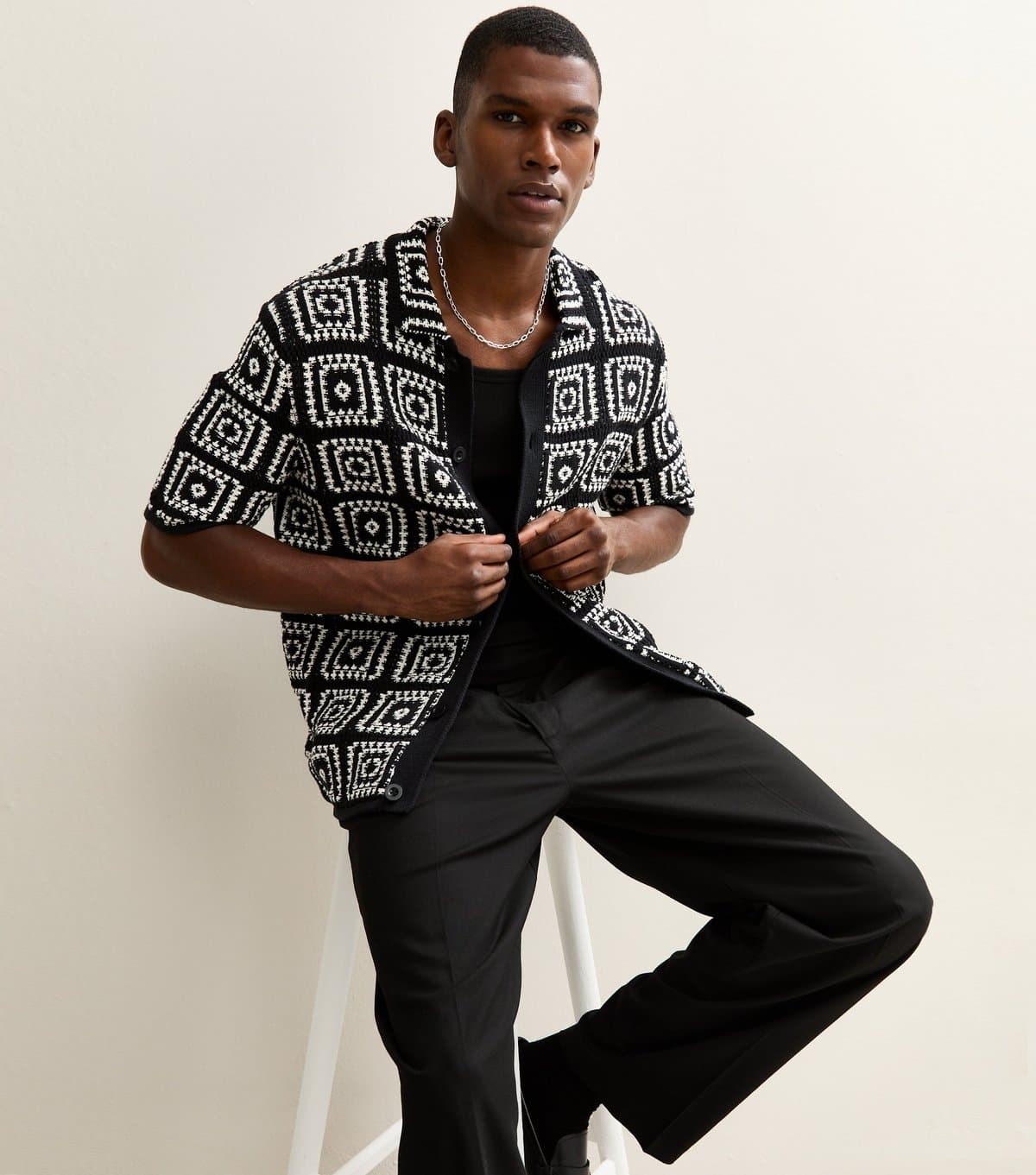 Only and Sons Men's Black Crochet Knit Relaxed Shirt Only and Sons New Look