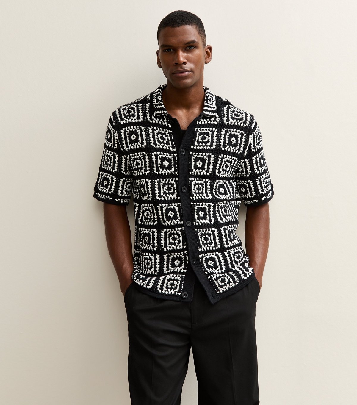 Only and Sons Men's Black Crochet Knit Relaxed Shirt Only and Sons New Look - 3