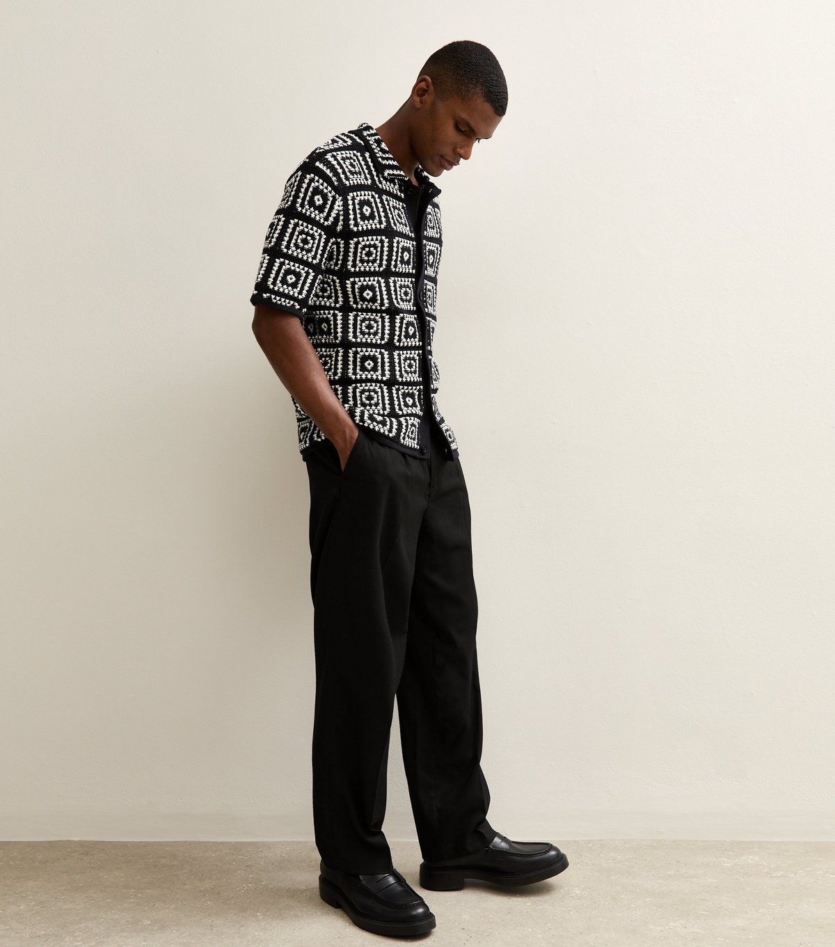 Only and Sons Men's Black Crochet Knit Relaxed Shirt Only and Sons New Look - 4