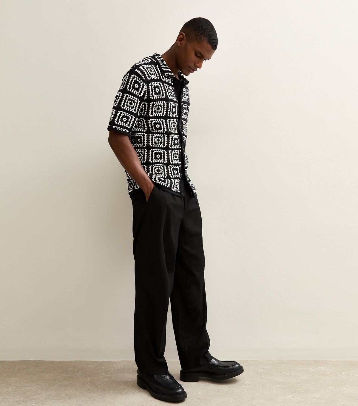 Only and Sons Men's Black Crochet Knit Relaxed Shirt Only and Sons New Look - 4