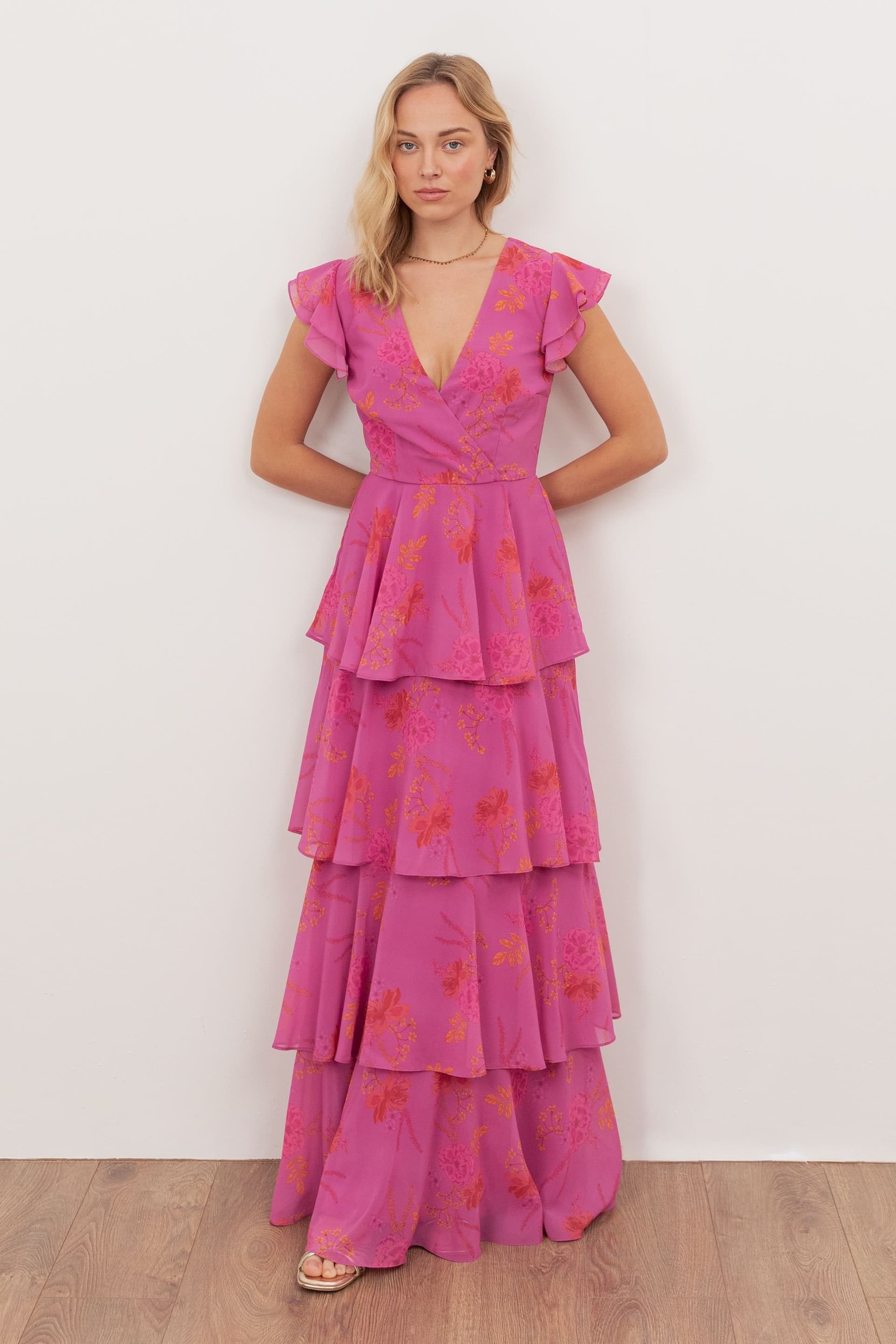 Anaya with Love Anaya with Love Women's Floral Faux Wrap Flutter Sleeve Tiered Maxi Dress in Bright Pink