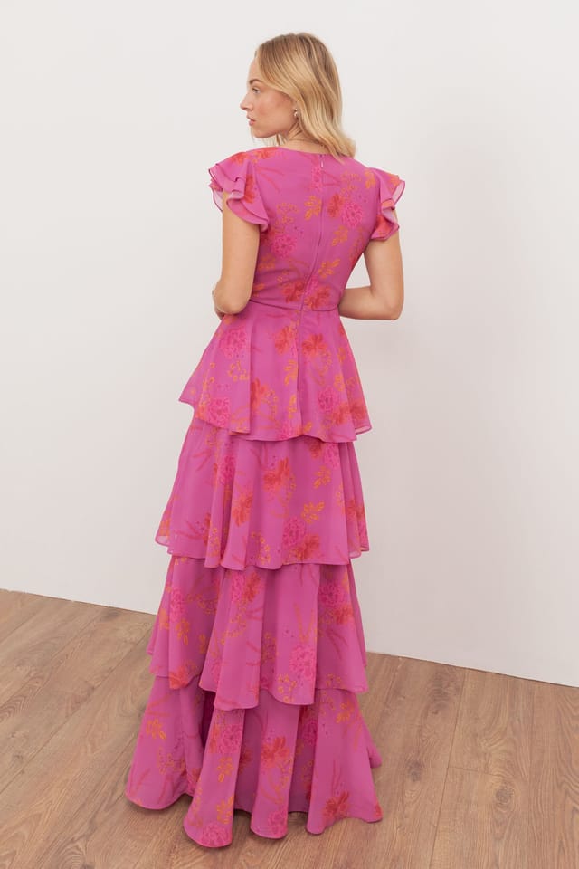 Anaya with Love Anaya with Love Women's Floral Faux Wrap Flutter Sleeve Tiered Maxi Dress in Bright Pink - 2