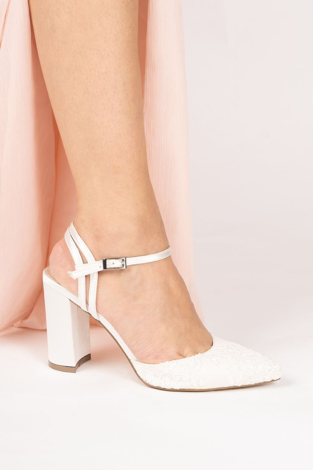 Paradox London Paradox London Women's Satin & Lace 'Fauna' High Block Heel Court Shoes in Ivory - 4