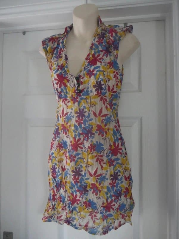 Carbon Carbon Dress Ladies Size 8 Cream Striped Floral Cotton Summer Holiday Tea Dress