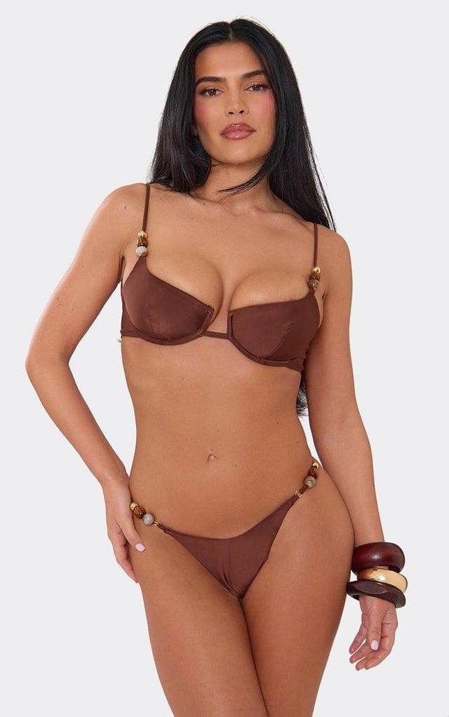 EGO Underwired Bead Detail Bikini Set In Brown, Women's Size UK 6 - 2