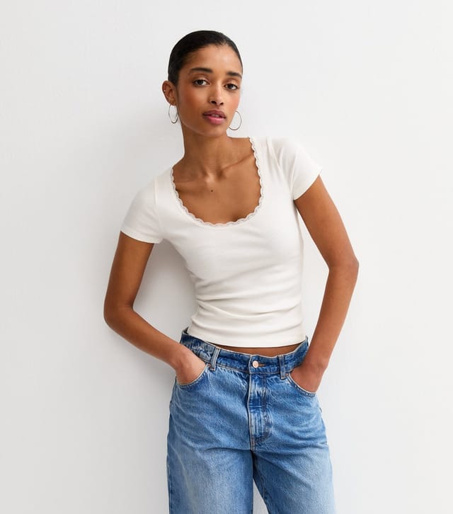 New Look Women's Cream Lace Trim Scoop Neck T-Shirt New Look - 2