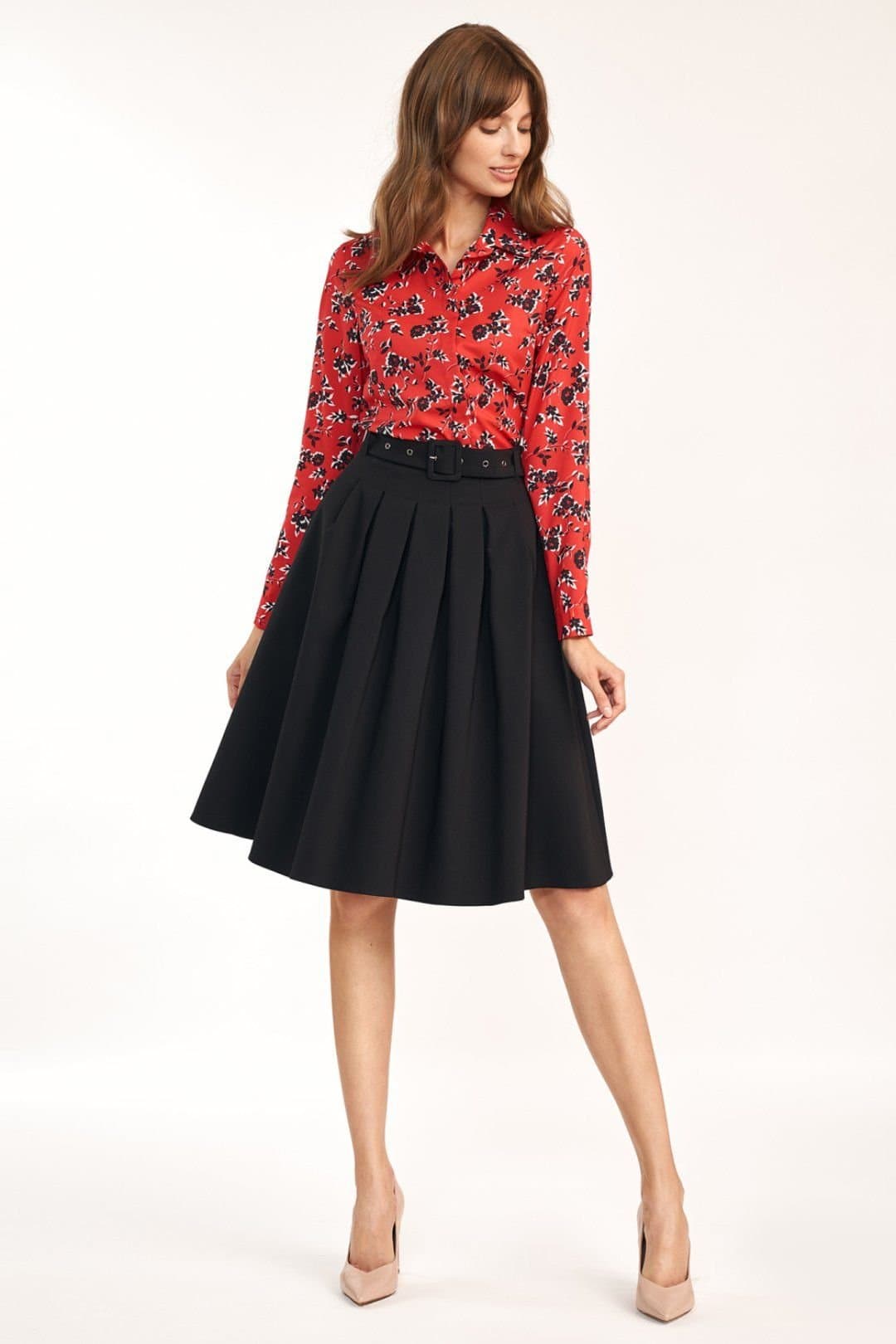 Love Lace Love Lace Women's Belted A Line Office Skirt with Folds in Black