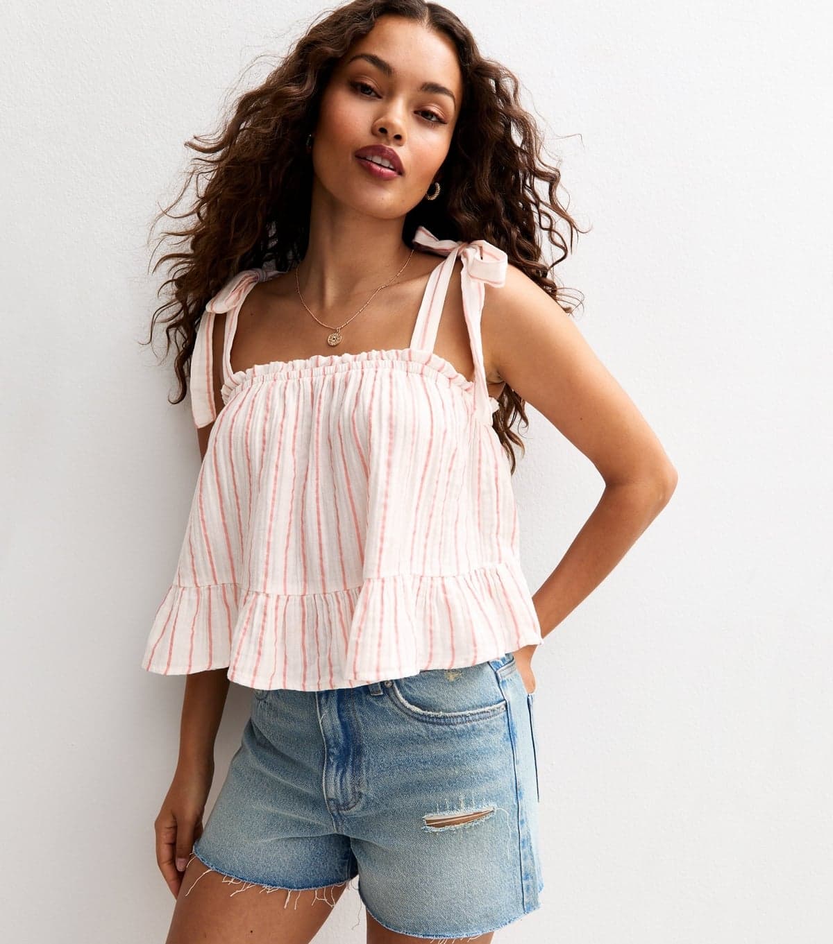 New Look Women's Petite Pink Striped Cotton Tie Shoulder Cami Top New Look