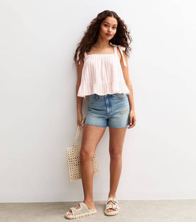 New Look Women's Petite Pink Striped Cotton Tie Shoulder Cami Top New Look - 3