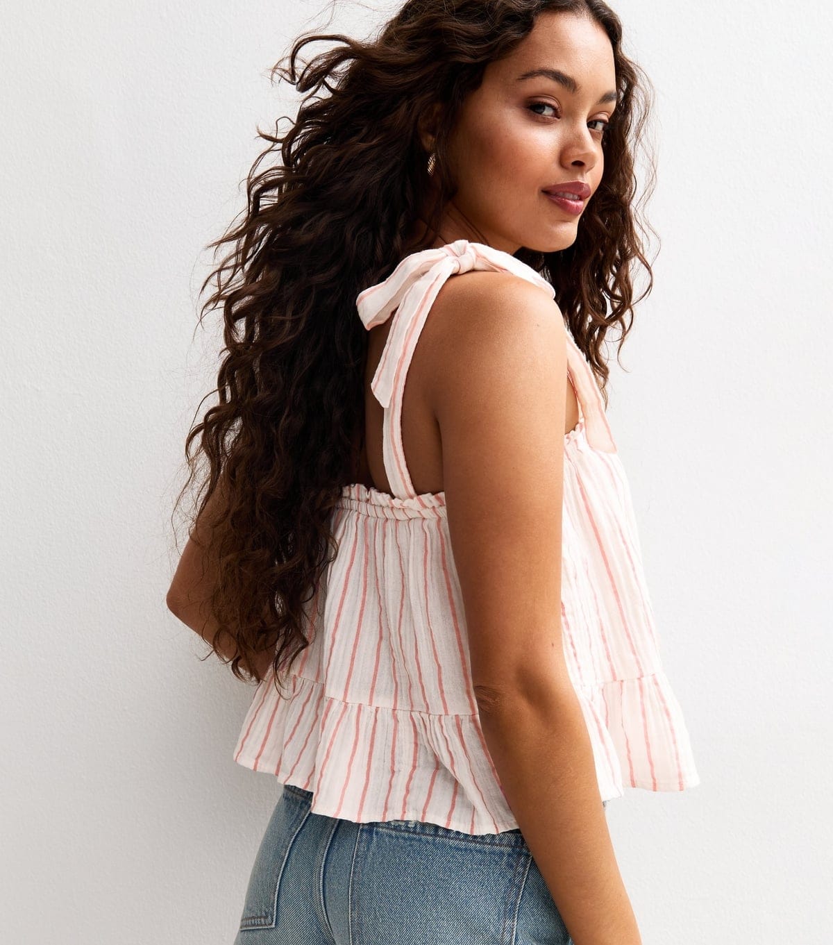 New Look Women's Petite Pink Striped Cotton Tie Shoulder Cami Top New Look - 4