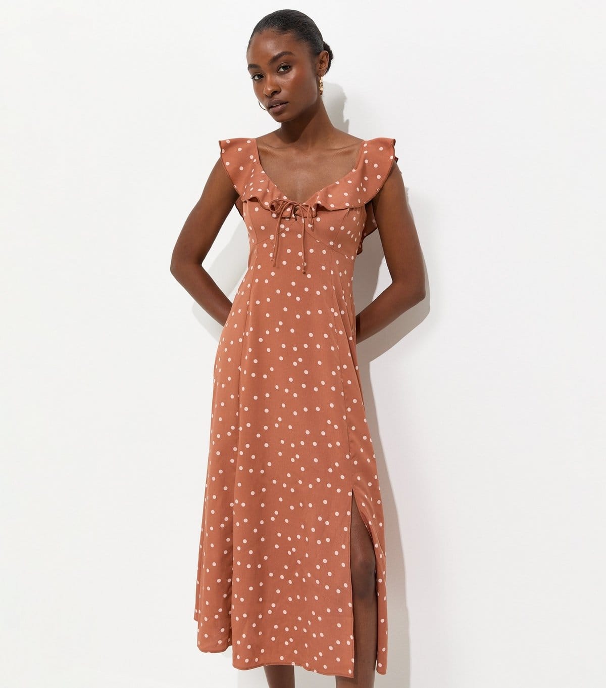 Women's Brown Spotty Ruffle Strap Midi Dress New Look