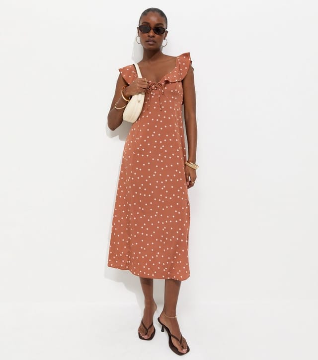 New Look Women's Brown Spotty Ruffle Strap Midi Dress New Look - 3