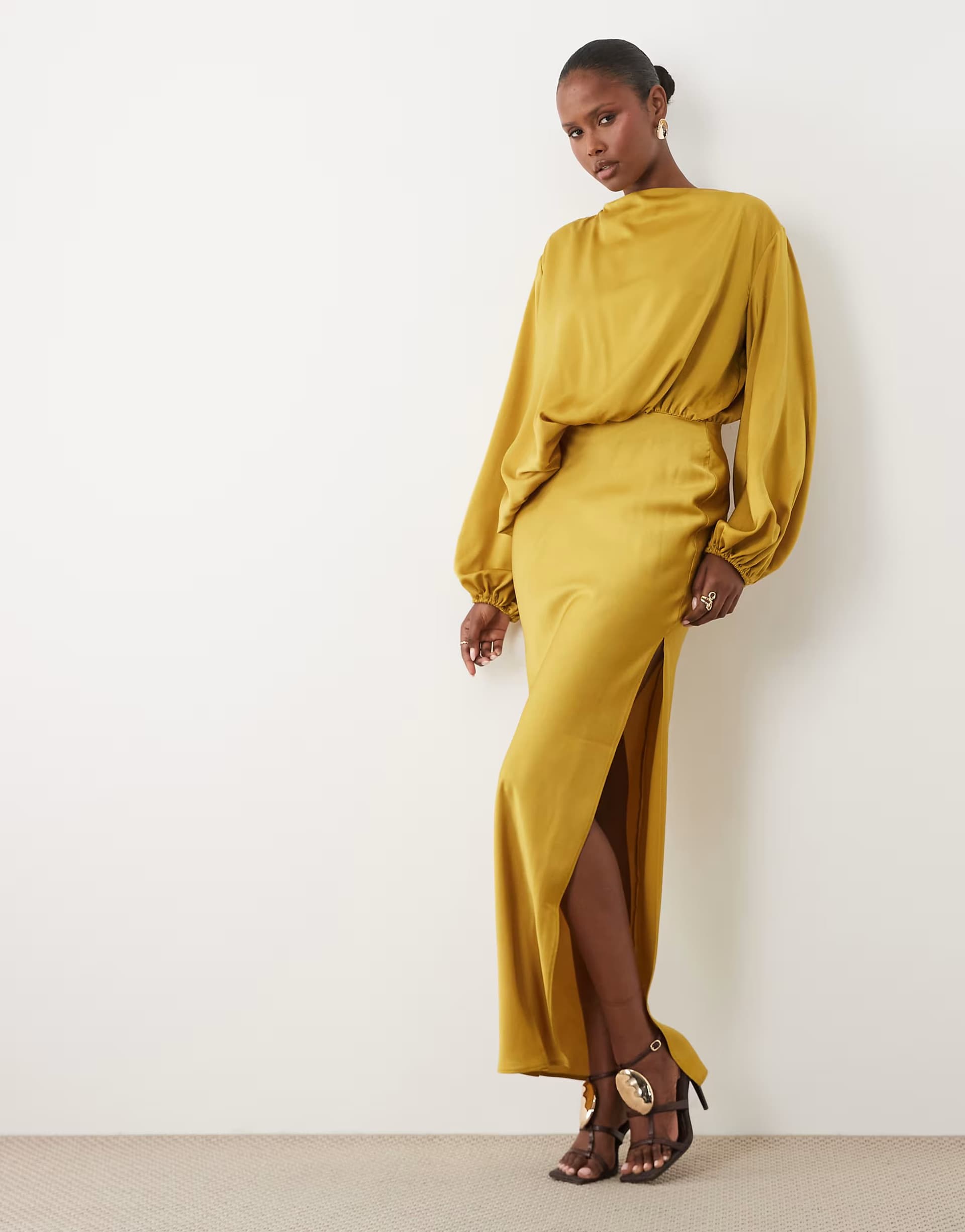 ASOS ASOS DESIGN asymmetric bodice maxi dress with blouson sleeves in olive green
