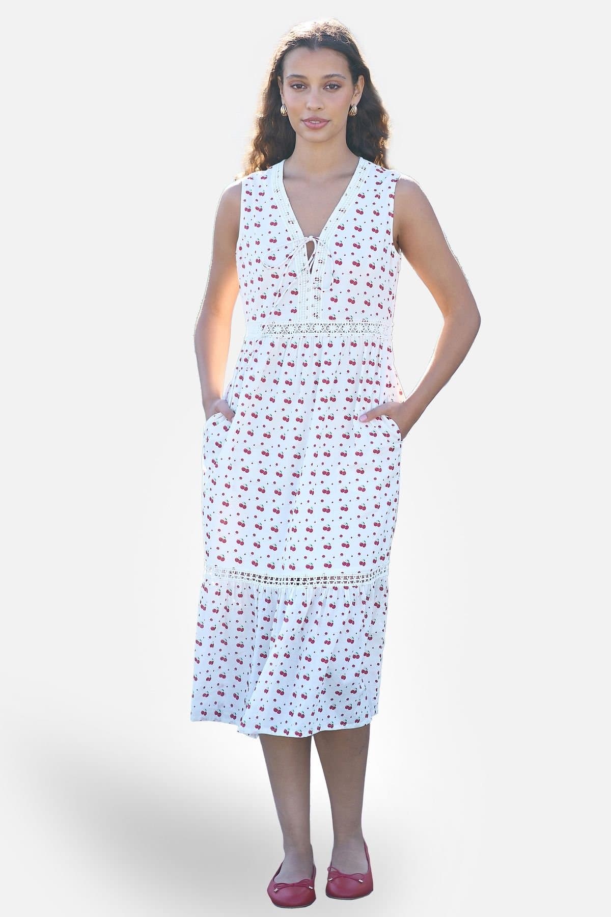 Yumi Yumi Women's White Cherry Print Lace Trim Cotton Midi Dress in Cool White