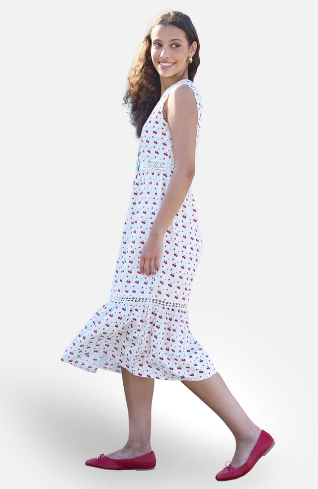 Yumi Yumi Women's White Cherry Print Lace Trim Cotton Midi Dress in Cool White - 2
