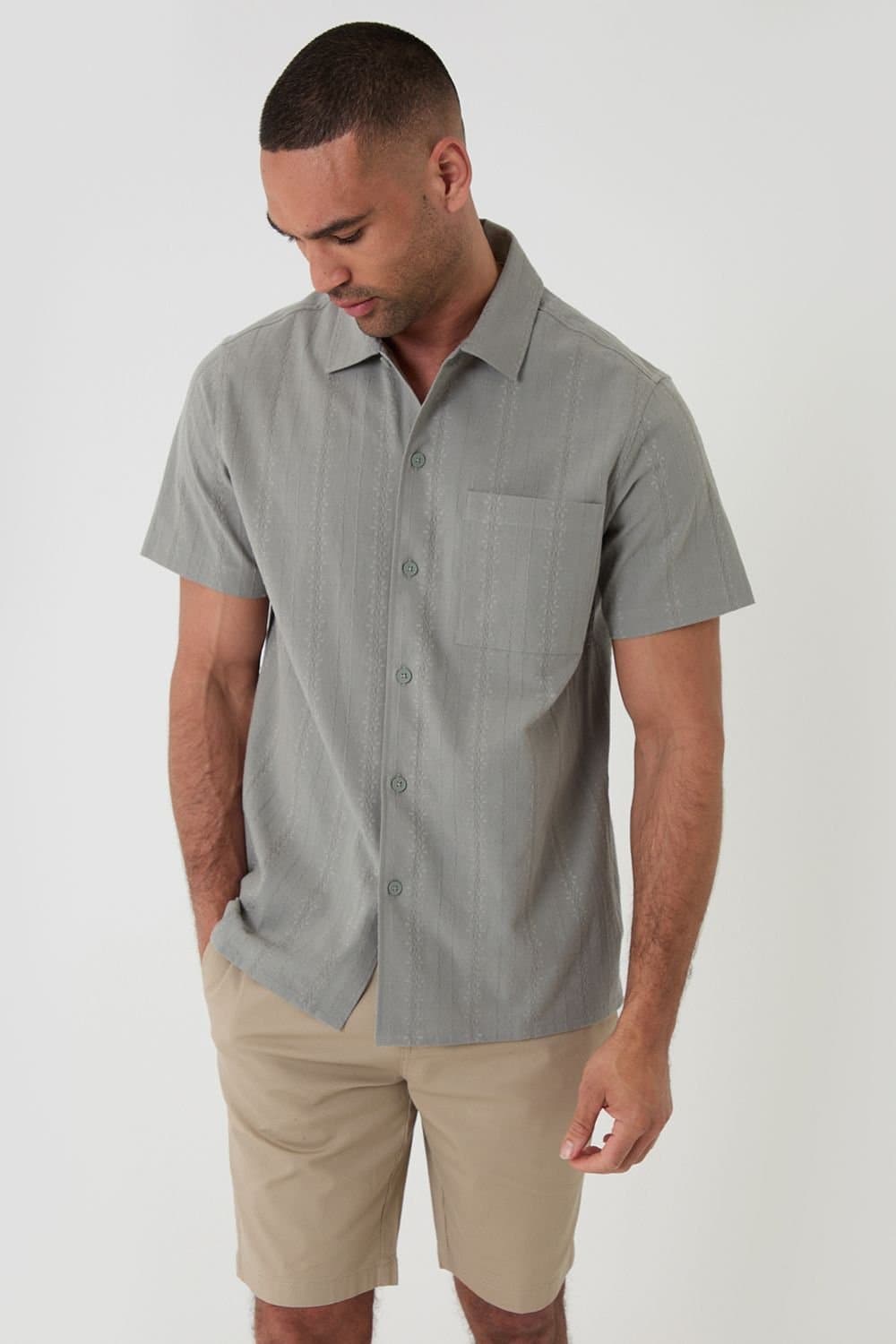 Threadbare Threadbare Men's Textured Cotton Short Sleeve Shirt in Pale Green