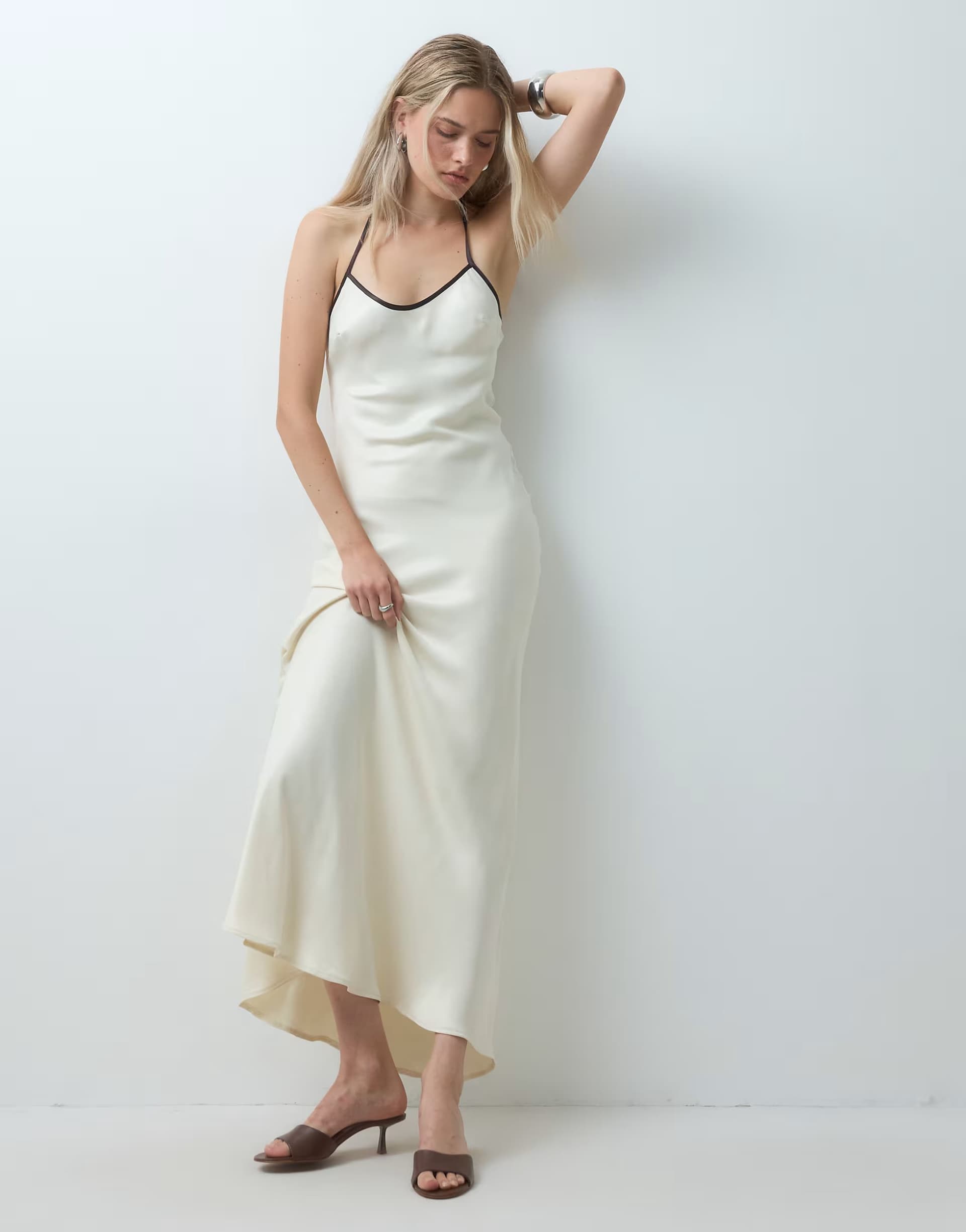 ASOS ASOS DESIGN satin cami halter fluted maxi dress in ivory