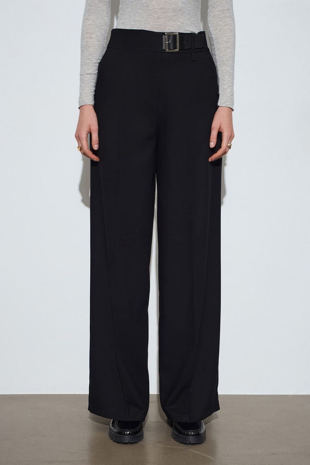 Dilvin Dilvin Women's Belted Wide-leg Trousers in Black