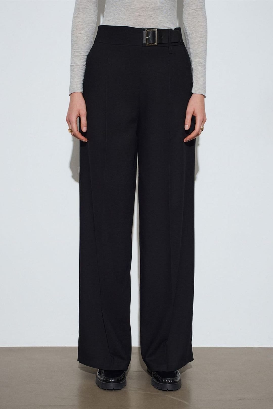 Dilvin Black Belted Wide-leg Trousers